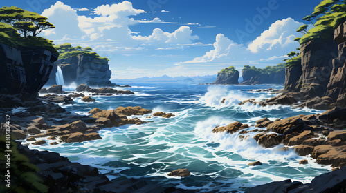 Waves crash against the rocky cliffs on a beautiful sunny day. Lush green vegetation grows along the cliff tops.