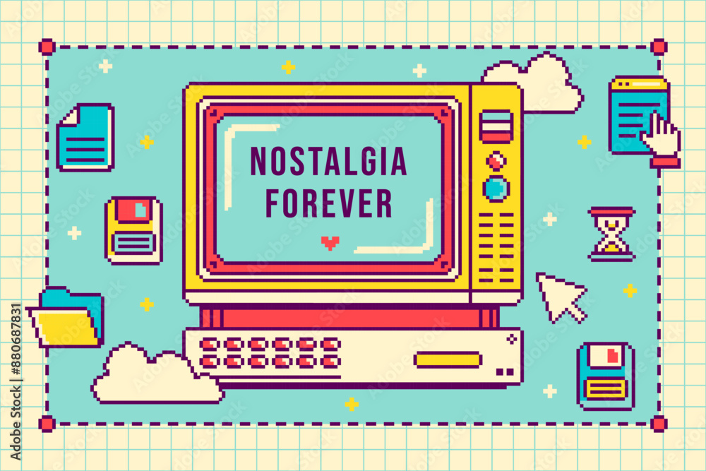 Fun Pixel art style computer screen as frame for message. Nostalgia UI ...