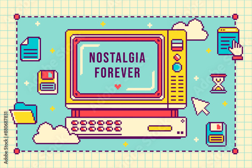 Fun Pixel art style computer screen as frame for message. Nostalgia UI or technology concept. Retro desktop icons and window interface with copy space. Cheerful 90's aesthetic template.