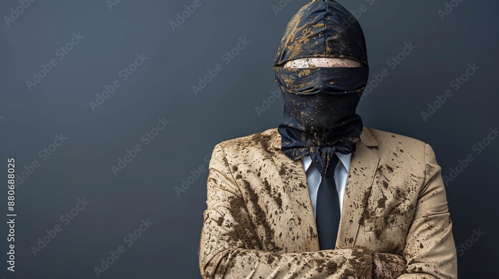 Businessman in a muddy suit with a black hood expressing exhaustion after overcoming obstacles Stock Photo with copy space Businessman in a muddy suit with a black hood expressing exhaustion after overcoming obstacles Stock Photo with copy space