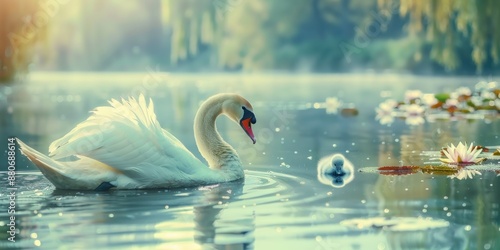 Beautiful, majestic swan with his little bird on the pond. Creative banner. Copyspace image photo