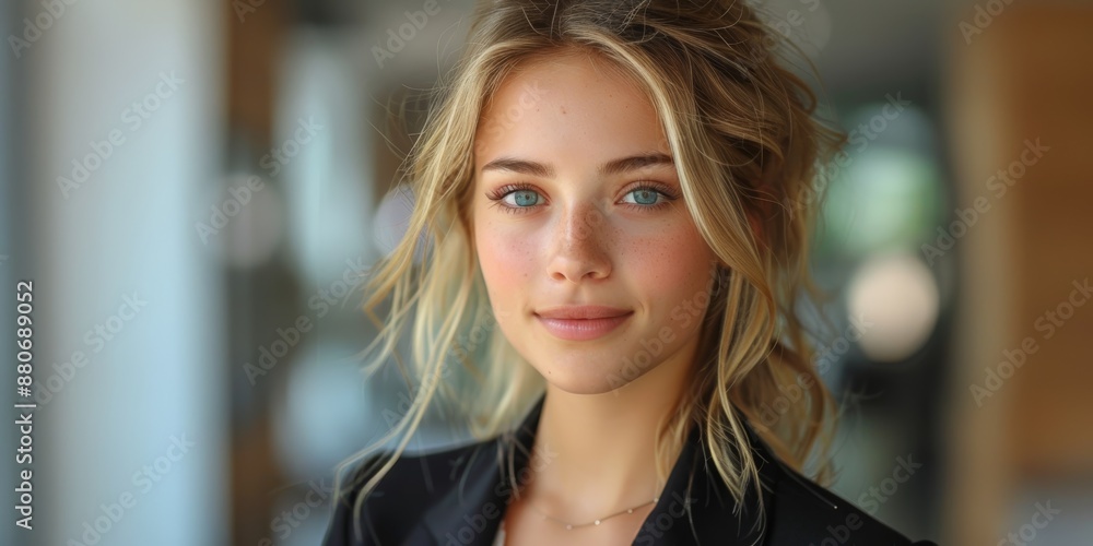 A young woman with blond hair, blue eyes, and a gentle smile stands indoors, radiating an aura of calm and confidence as she gazes into the camera A young woman with blond hair, blue eyes, and a gentle smile stands indoors, radiating an aura of calm and confidence as she gazes into the camera