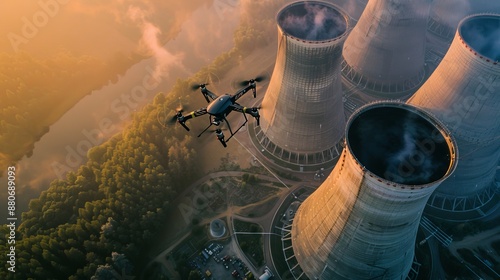 A drone flying over an industrial plant, performing visual inspection on the plant equipments.