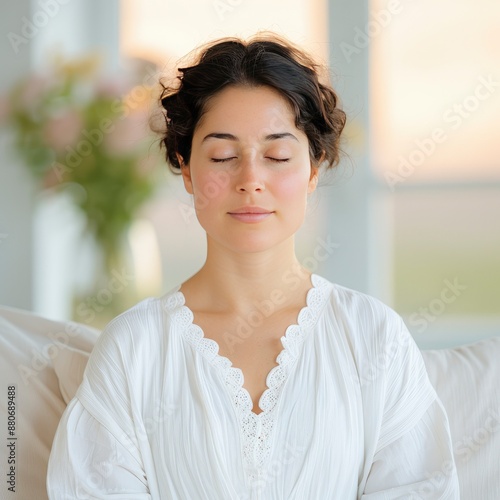 Free Download A woman in a white shirt meditating in her room , couch and glass window in blur background - GFXLoad