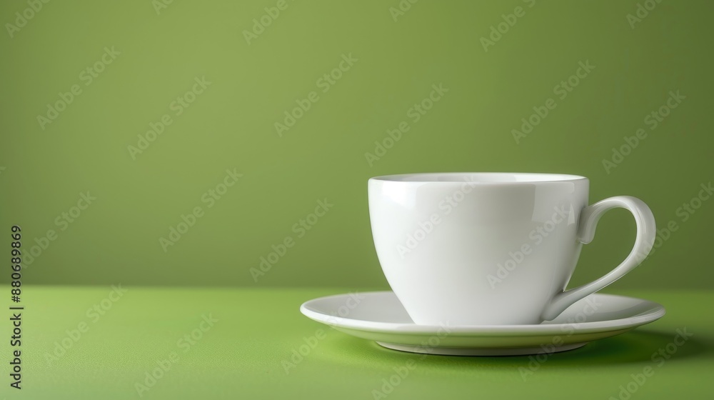 Large white teacup on green background with saucer closeup for hot beverages design Large white teacup on green background with saucer closeup for hot beverages design
