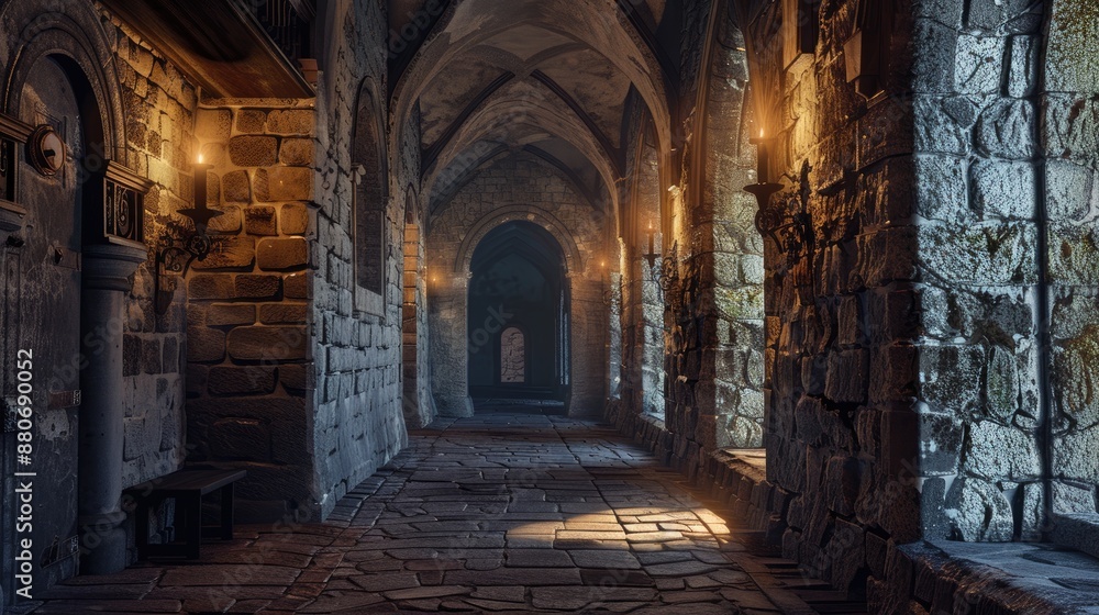 Fantasy medieval gallery in the castle. Fantasy medieval gallery in the castle.