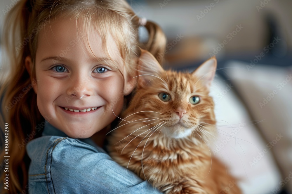 A little girl hugging her beloved cute ginger cat. A little girl hugging her beloved cute ginger cat.