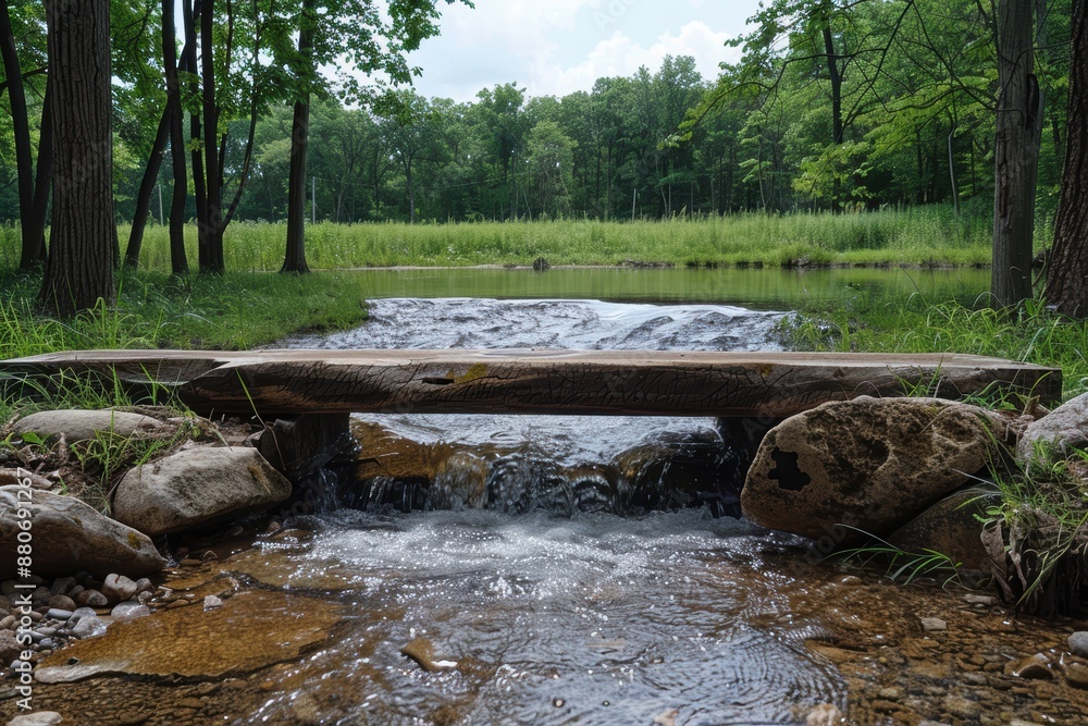 Fototapeta premium A serene natural stream flows gently under a rustic wooden bridge in the foreground, surrounded by lush green trees and a vibrant meadow in the background on a clear day