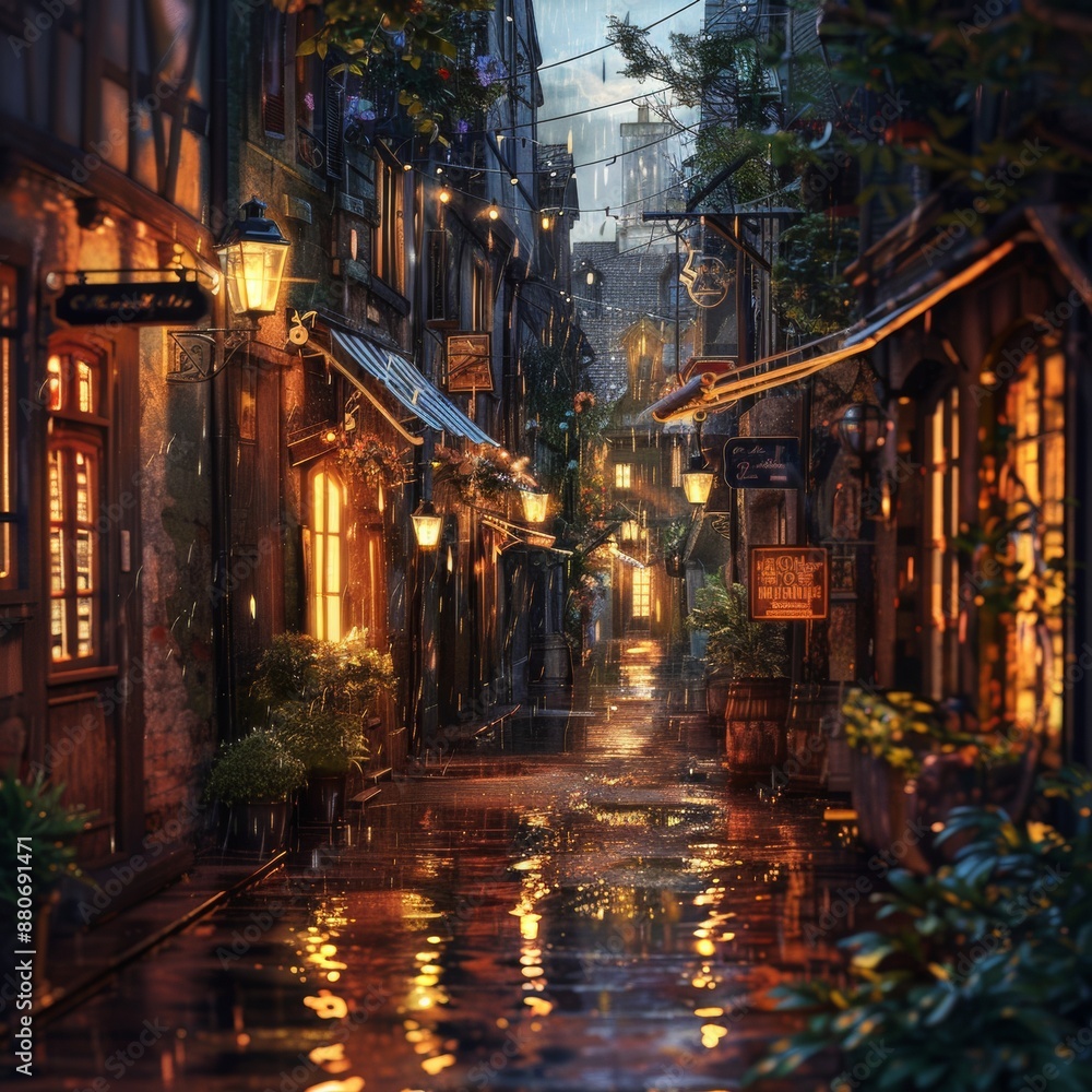 Fototapeta premium Enchanting Rainy Old Town Alley - Digital Fantasy Art of Narrow Cobblestone Path Illuminated by Streetlights with Warm Glows
