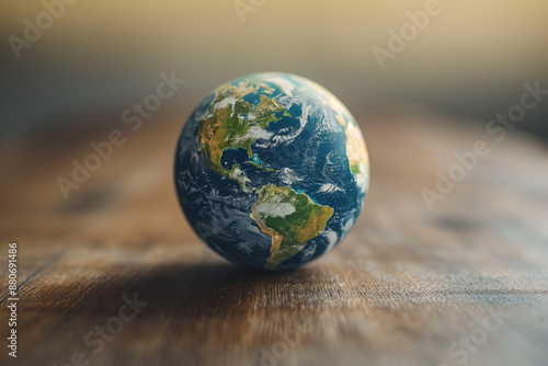 A detailed, realistic model of Earth positioned on a wooden tabletop, illustrating geography and environment. © apichat