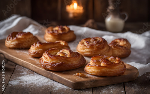 Kouign Amann, flaky and caramelised, on a rustic board, cozy bakery, morning light photo