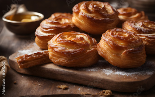 Kouign Amann, flaky and caramelised, on a rustic board, cozy bakery, morning light photo