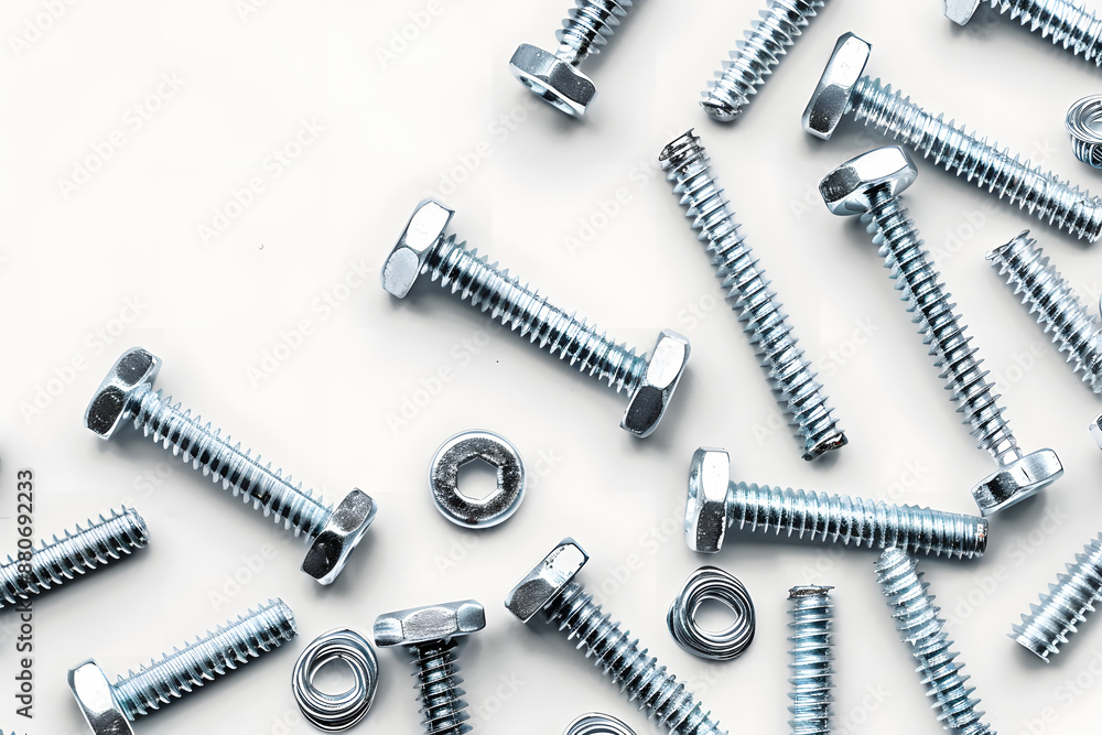 Top view of stainless steel bolts or iron nails on brigth white background with silver color. Metal screws for use in sheet metal. Top view of stainless steel bolts or iron nails on brigth white background with silver color. Metal screws for use in sheet metal.