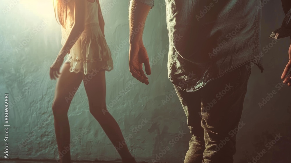 Sadly Reaching Heartbreaking Goodbye: Man Departing with Determination, Woman Longing ...