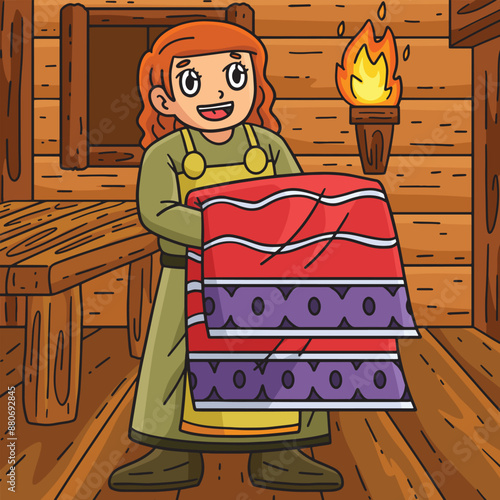 Viking with Tapestry Colored Cartoon Illustration