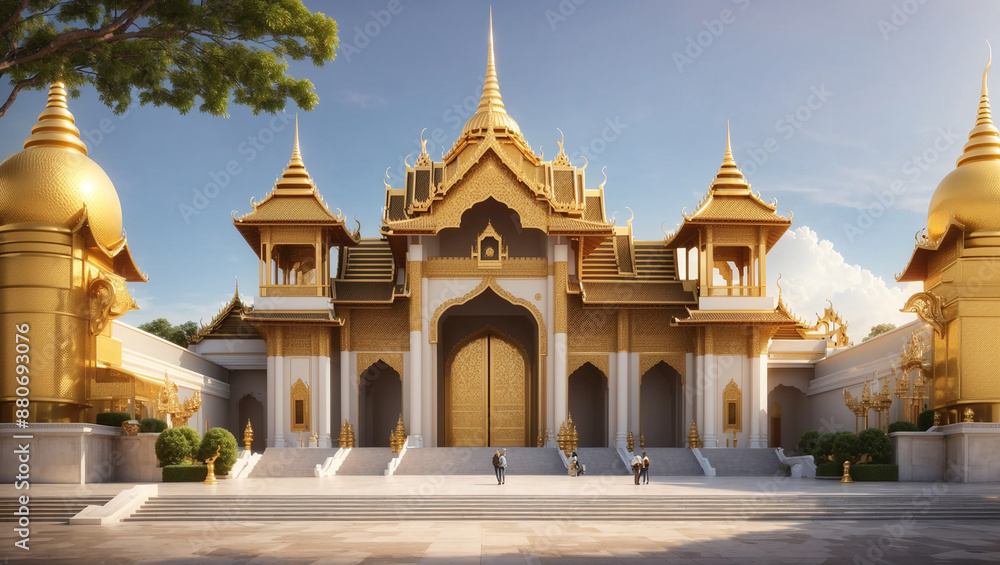 large, ornate, golden building with a tall, pointed roof. There are two people standing in front of the building. large, ornate, golden building with a tall, pointed roof. There are two people standing in front of the building.