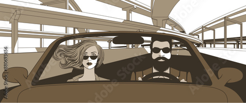 A blonde woman with a bearded man driving a car against the backdrop of a highway overpass and the city skyline. A couple in love, a man and a woman, are driving in a car. Vector illustration.