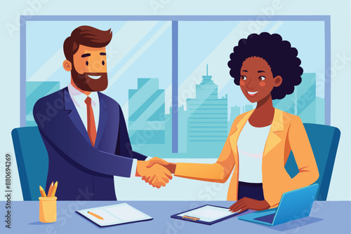 African-American Businesswoman Shaking Hands with Colleague, Closing Deal in Job Interview, Reaching Agreement in Office Conference Room