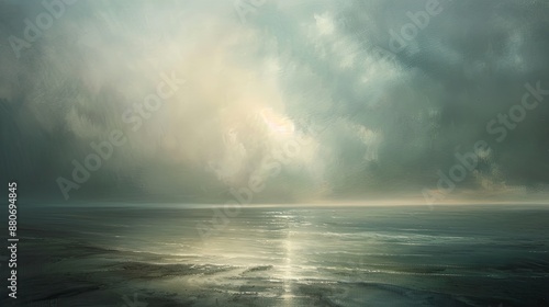 Dramatic, hazy, minimalistic color, seascape, shore, bright, clouds. © eartist85