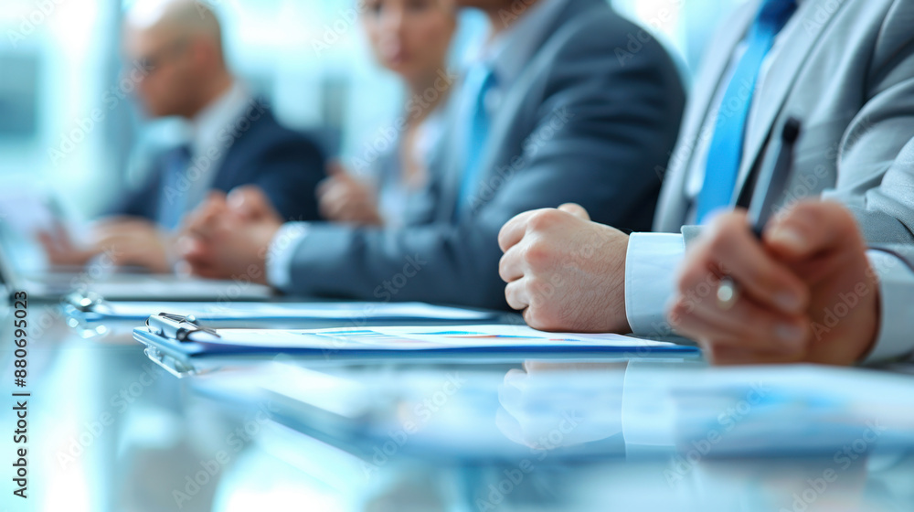 Professionals in a business meeting sitting at a table, discussing documents and taking notes, symbolizing corporate collaboration. Professionals in a business meeting sitting at a table, discussing documents and taking notes, symbolizing corporate collaboration.