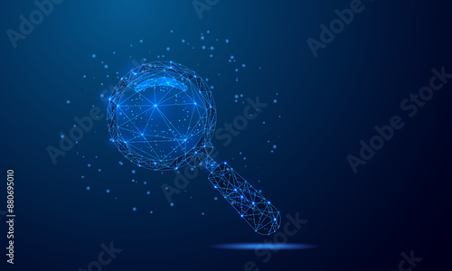 Magnifying glass Futuristic search icon Low poly wireframe design. Analysis, search tool design vector illustration.Abstract geometric blue background.