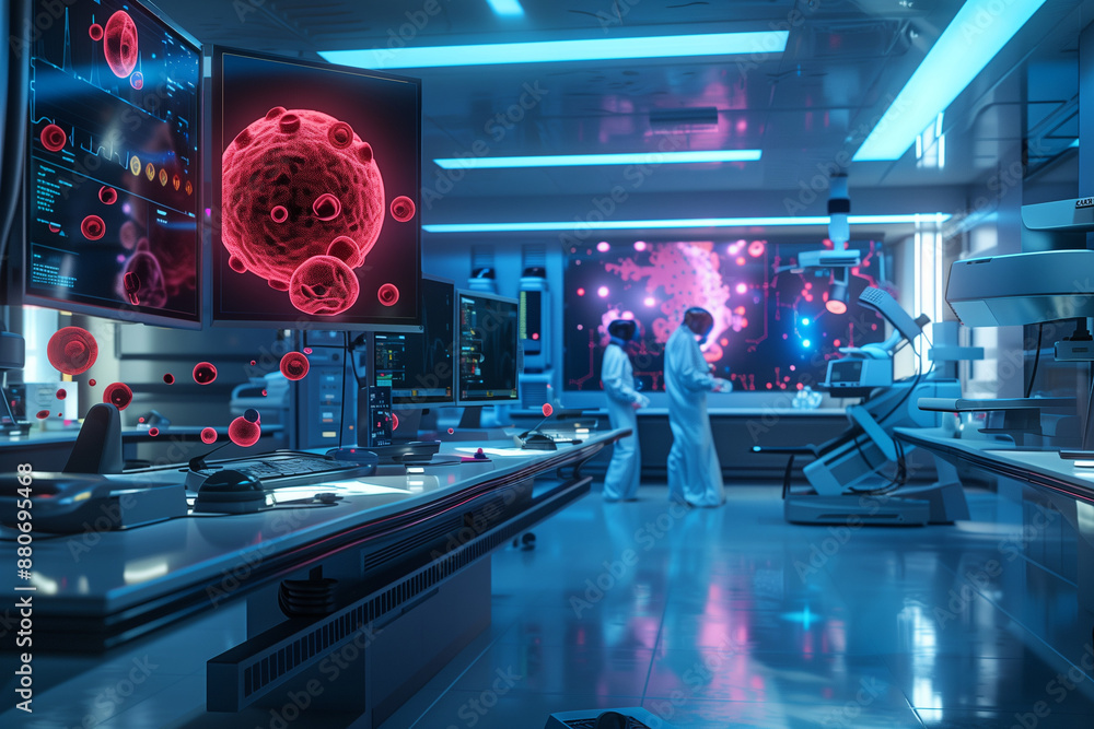 Obraz premium Robotic surgical arm delicately suturing a tiny incision on a beating heart, under fluorescent surgical lights. High-tech monitors displaying vital signs in a state-of-the-art operating room.