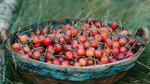   A basket brimming with luscious cherries perched atop a verdant, grassy meadow adjacent to towering blades of grass