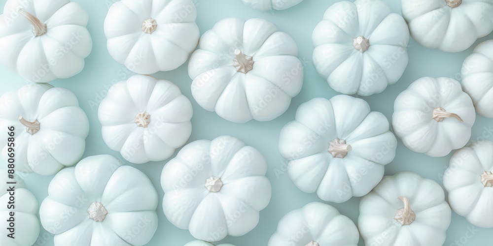 White pumpkins arranged neatly on a light blue background, presenting a clean and minimalistic aesthetic perfect for modern fall-themed designs and decor. Halloween background. White pumpkins arranged neatly on a light blue background, presenting a clean and minimalistic aesthetic perfect for modern fall-themed designs and decor. Halloween background.