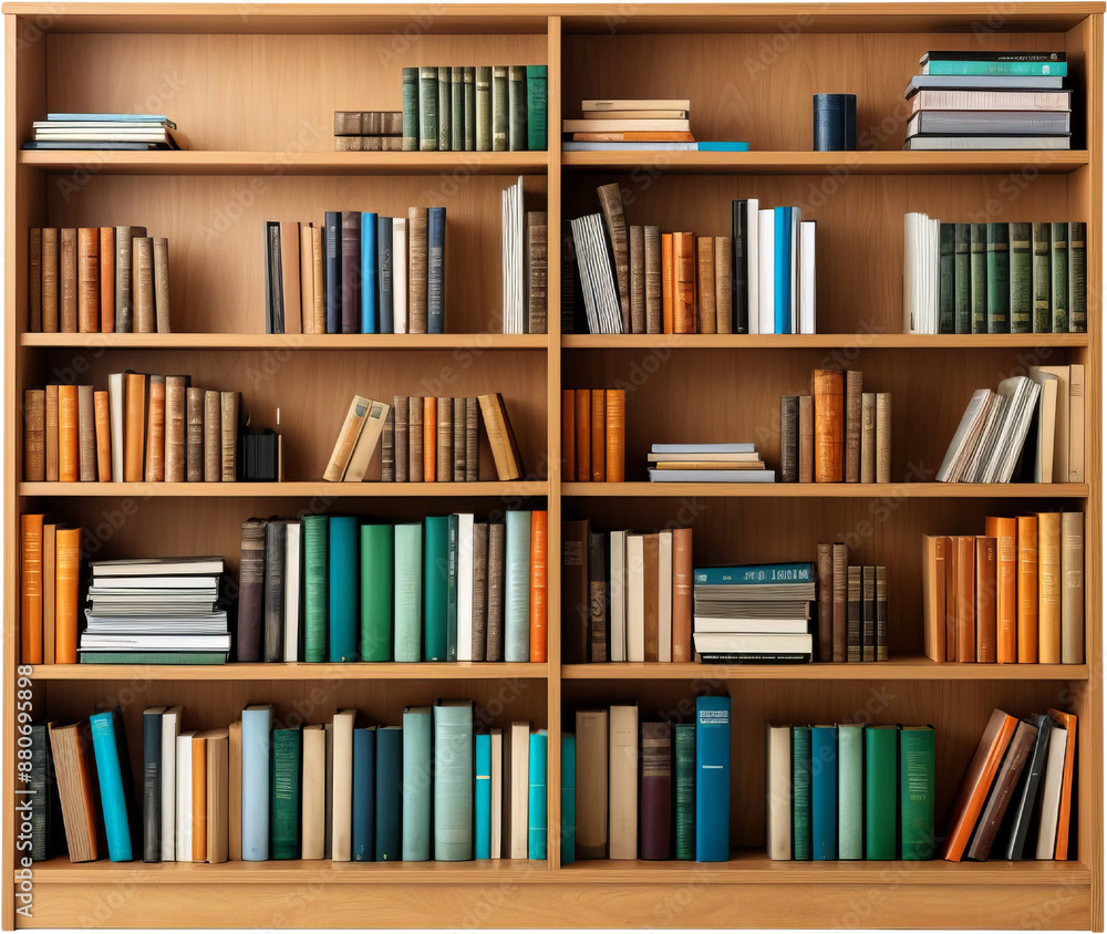 Wooden bookshelf neatly organized with a variety of colorful books, perfect for a home library or office setting. Wooden bookshelf neatly organized with a variety of colorful books, perfect for a home library or office setting.