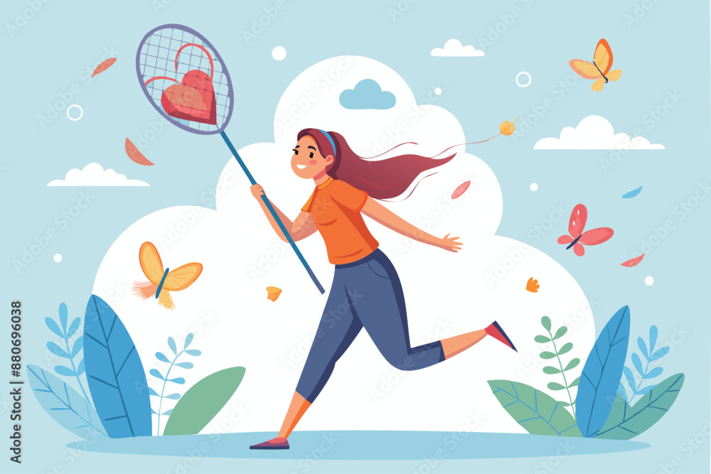 Passionate Woman Pursues Inspiration, Romance, and Aspirations with Butterfly Net, Chasing Dreams and Desires Passionate Woman Pursues Inspiration, Romance, and Aspirations with Butterfly Net, Chasing Dreams and Desires