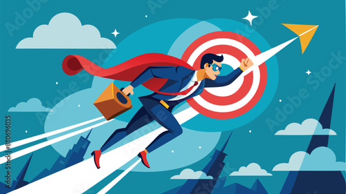 Determined businessman superhero flying through obstacle to reach target, overcoming challenges