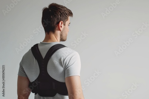 Man wearing posture corrector on white background, promoting good health and alignment. photo