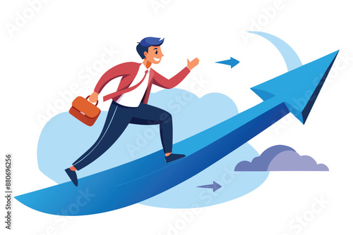 Ambitious professional running forward on arrow path, driven by motivation to achieve career success and growth
