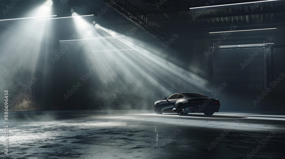 Fototapeta premium The garage interior is depicted with dim lighting and a haze of smoke, creating a dramatic and industrial ambiance. The walls and ceiling are obscured by shadows and smoke, enhancing the atmospheric 