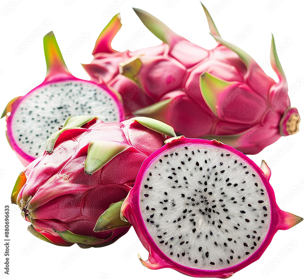 Fresh dragon fruit with pink skin and white flesh with black seeds, isolated on white background. Ideal for healthy eating and tropical themes. Fresh dragon fruit with pink skin and white flesh with black seeds, isolated on white background. Ideal for healthy eating and tropical themes.