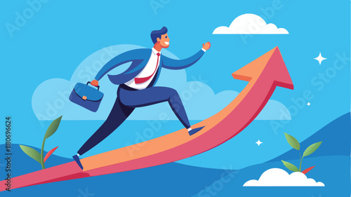 Ambitious professional running forward on arrow path, driven by motivation to achieve career success and growth