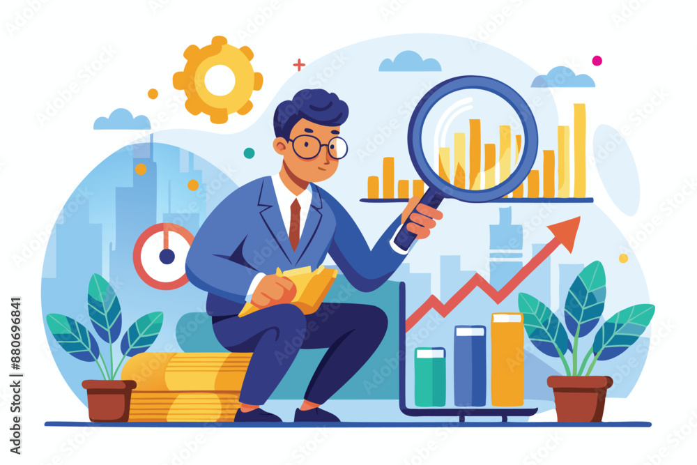 Analytical stock market researcher examining financial data with magnifying glass, forecasting economic trends Analytical stock market researcher examining financial data with magnifying glass, forecasting economic trends
