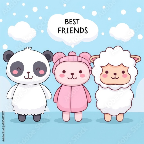 A cute cartoon panda, sheep and cat with thought bubbles above their heads containing the text BEST FRIENDS, The background is light blue with small white dots, friendship day greetings, 30 july, 2024