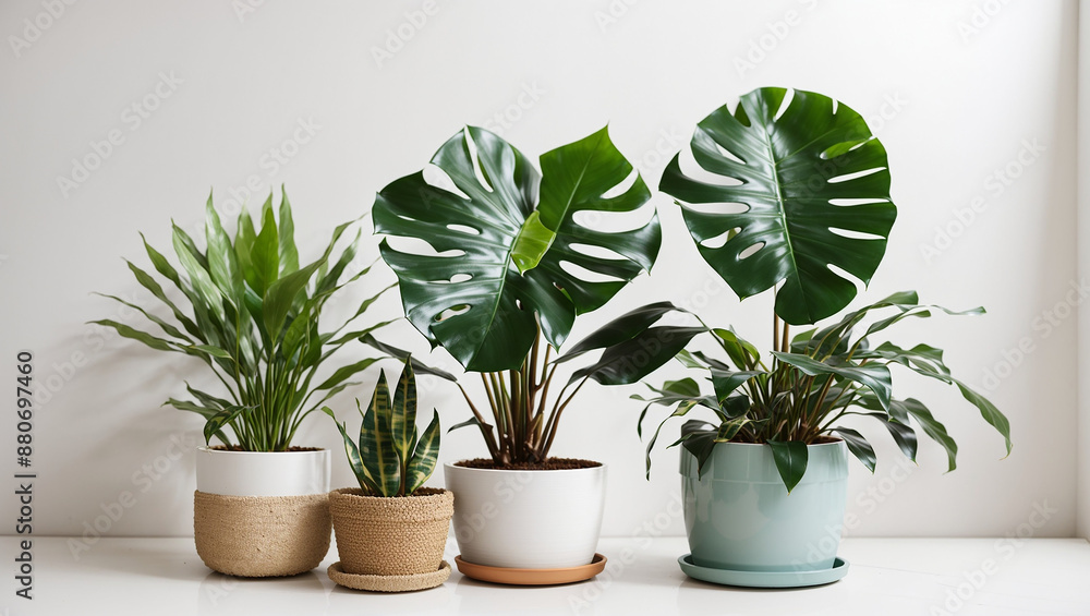 Obraz premium The image shows five potted plants against a white wall. The plants have large, green leaves.