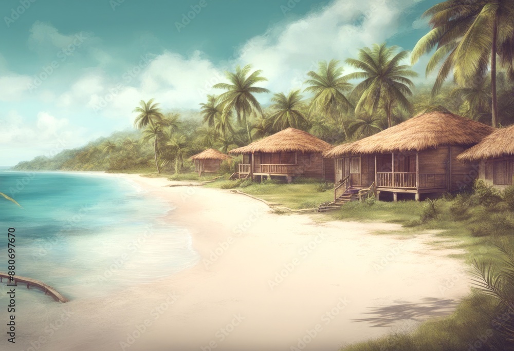 Fototapeta premium travel caribbean summer postcard landscape handmade bungalows drawing poster dominican sea dominicanrepublic palms art bungalow holiday tourtourism illustration background republic