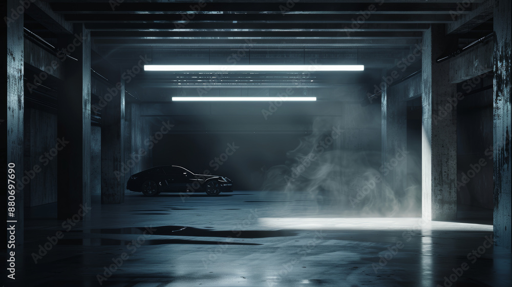 Obraz premium The garage interior is depicted with dim lighting and a haze of smoke, creating a dramatic and industrial ambiance. The walls and ceiling are obscured by shadows and smoke, enhancing the atmospheric 