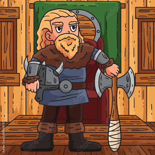 Viking Holding an Axe and Helmet Colored Cartoon