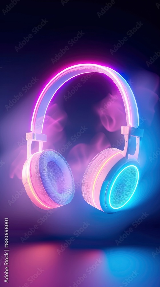 modern headphone with glowing light, pink and blue gradient background with smoke modern headphone with glowing light, pink and blue gradient background with smoke