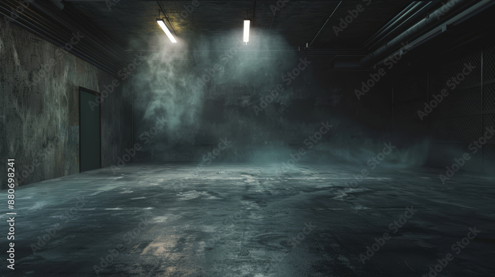 Fototapeta premium The garage interior is depicted with dim lighting and a haze of smoke, creating a dramatic and industrial ambiance. The walls and ceiling are obscured by shadows and smoke, enhancing the atmospheric 