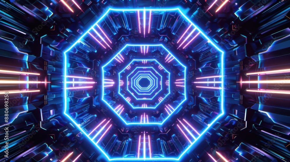 Fototapeta premium Electric Geometric Harmony - Symmetrical Hexagon Pattern with Neon Blue Highlights, Abstract Digital Art