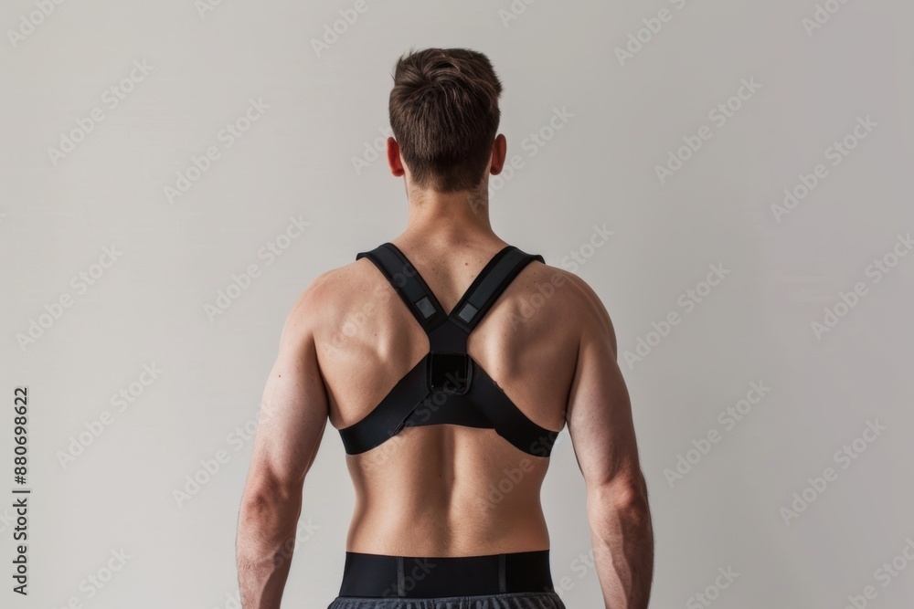 Man wearing posture corrector on white background, promoting good health and alignment. Man wearing posture corrector on white background, promoting good health and alignment.