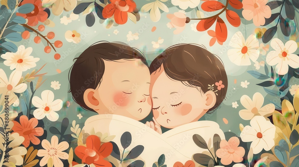 newborn baby bonding time flat design top view floral theme cartoon drawing split-complementary color scheme newborn baby bonding time flat design top view floral theme cartoon drawing split-complementary color scheme
