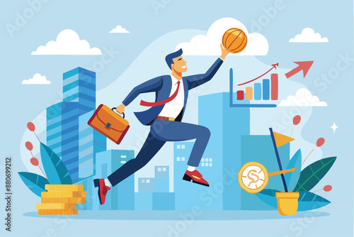 Slam Dunking Financial Goals: Determined Businessman Strives for Success and Wealth