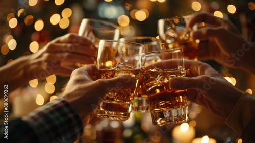 Group of friends toasting with glasses of whiskey