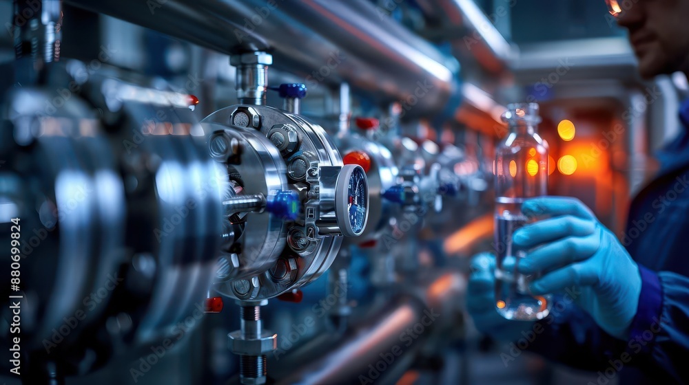 Fototapeta premium Close-up of a chemist adjusting valves on a high-tech pump system, with a network of steel pipes transporting chemicals in the background